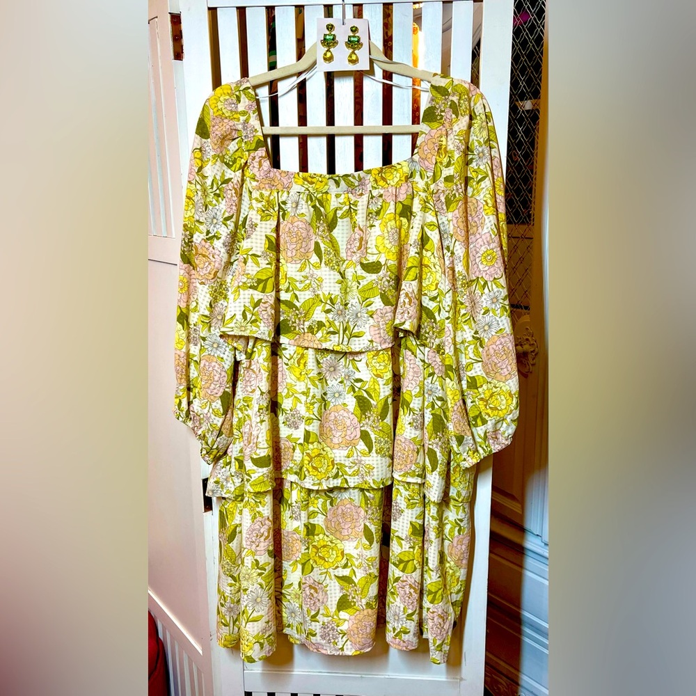 Cute layered floral dress, yellow, pink, green